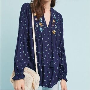Anthropologie Vanessa Virginia Ashton Peasant Blouse Embellished Jeweled Top